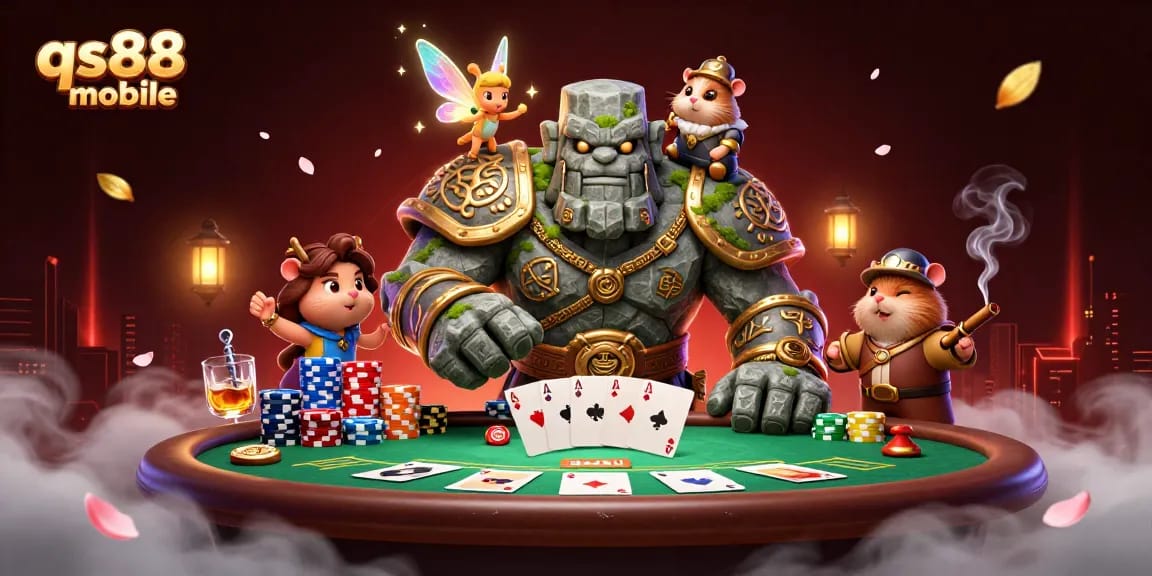 Engage in thrilling gameplay at qs88 mobile with a lively scene featuring a magical golem and enchanted elements.