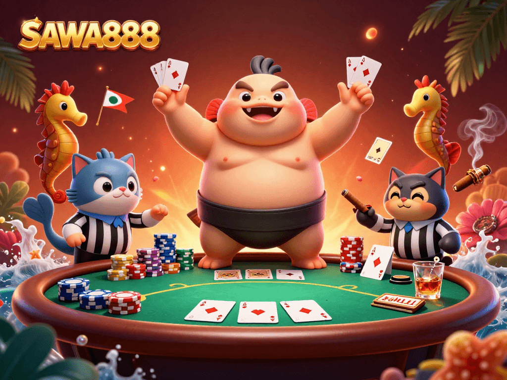 Experience the thrill of SAWA888 with colorful poker chips and dynamic characters in an exciting casino scene.