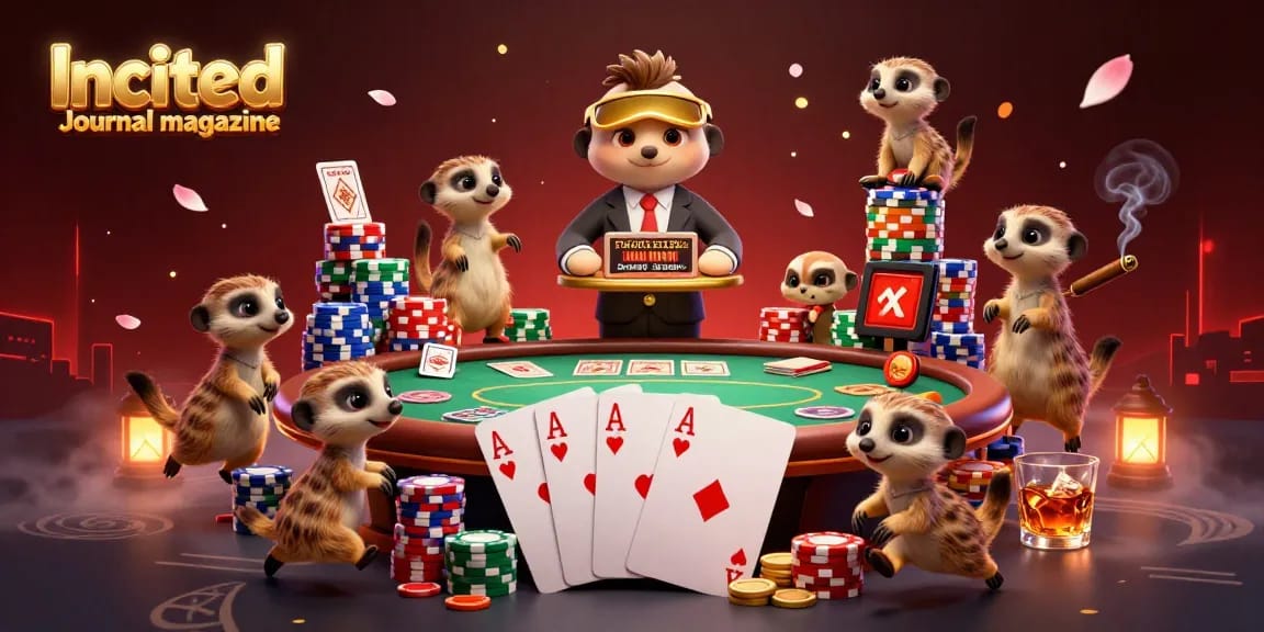Meerkats orchestrating dynamic casino operations for Incited Journal magazine, showcasing poker tables and vibrant chips.