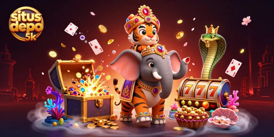Join the action at situs depo 5k with a vibrant cartoon scene featuring a jeweled elephant and slot reels.