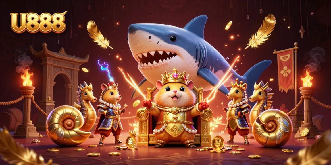 Engage in thrilling U888 adventures with a golden hamster king seated on a shark tooth throne.