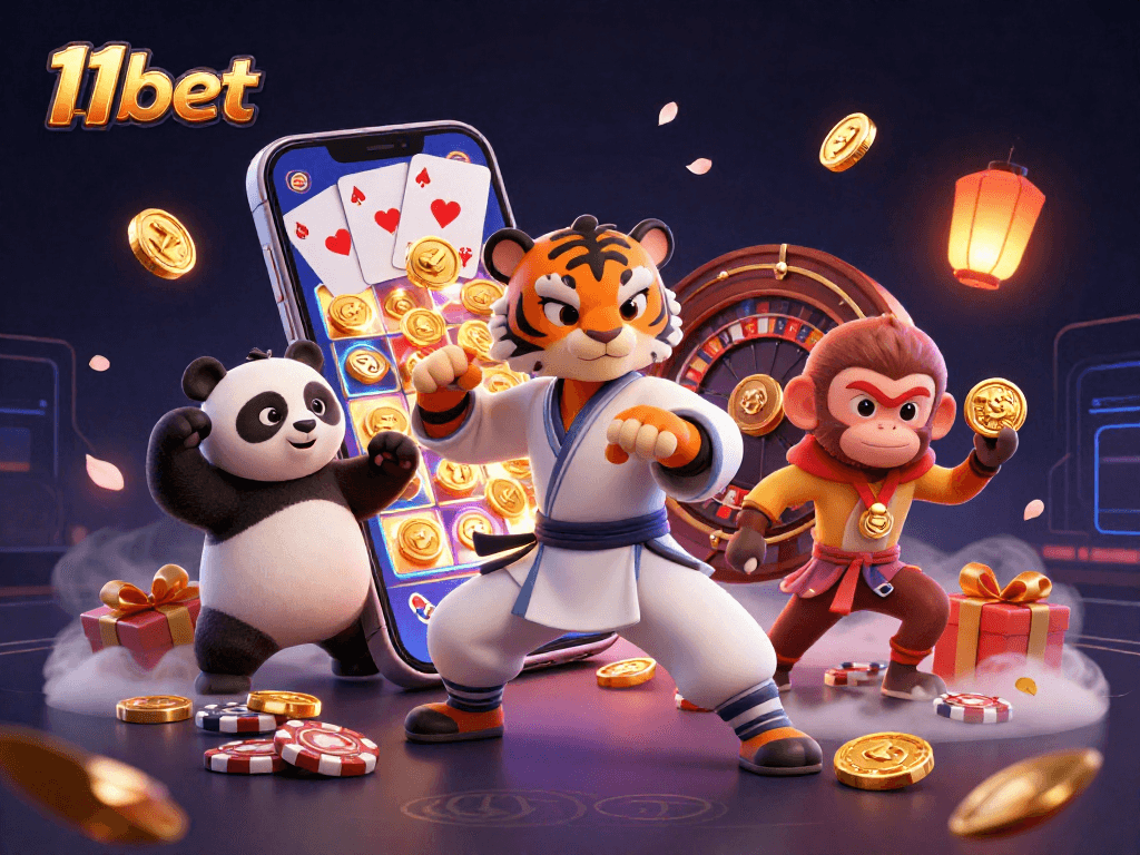 Experience the thrilling world of 11bet with a vibrant 3D casino scene showcasing engaging gameplay elements and dynamic characters.