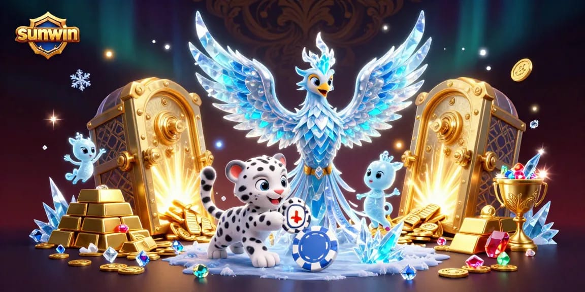 Experience sunwin's captivating online casino world with an ice phoenix and sparkling treasures.