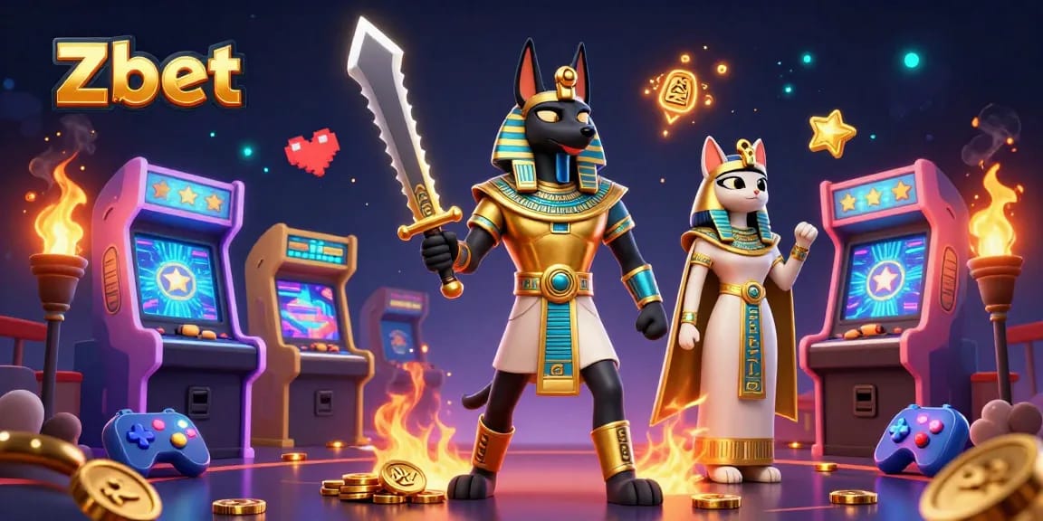 Zbet players enjoy thrilling gameplay with Anubis and Bastet surrounded by vibrant casino elements.