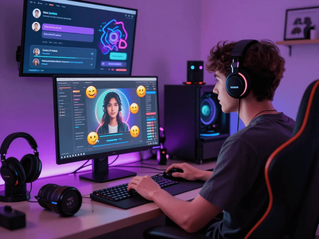 Engaging nsfw AI chat setup with colorful lights and tech gadgets.