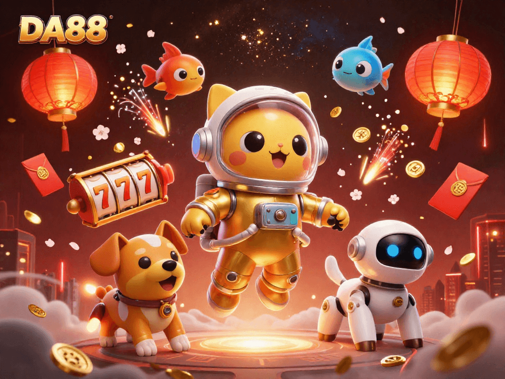 DA88 captivates gamers with its dynamic casino scene featuring a space astronaut cat, robot dog, and exciting slot reels.