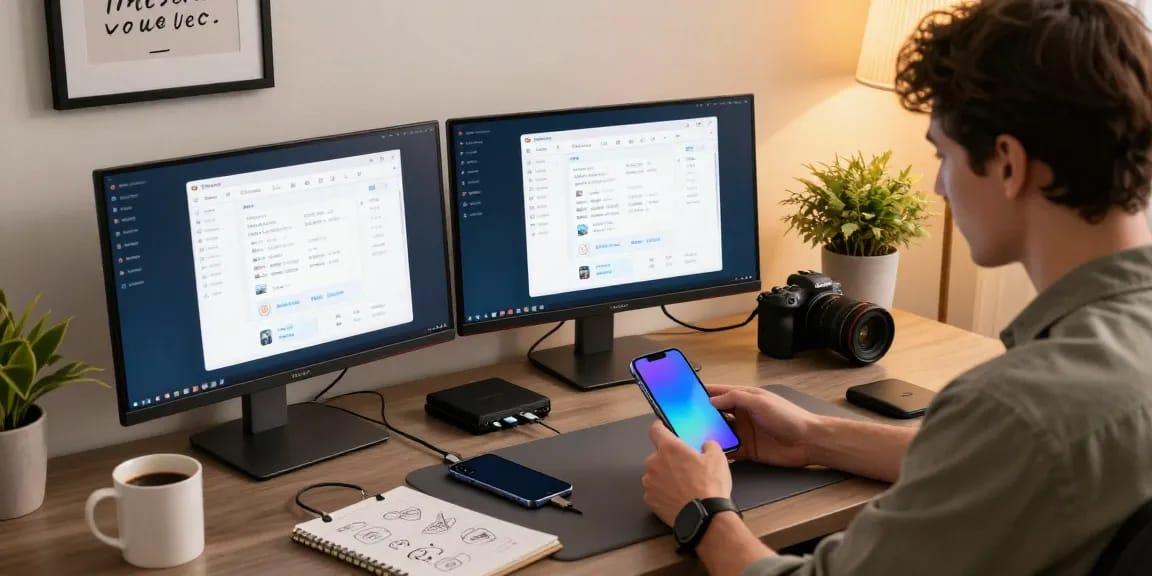 使用爱思助手软件管理iOS设备的专业技术用户在高科技工作空间中，专注的操作与多台显示器相结合。