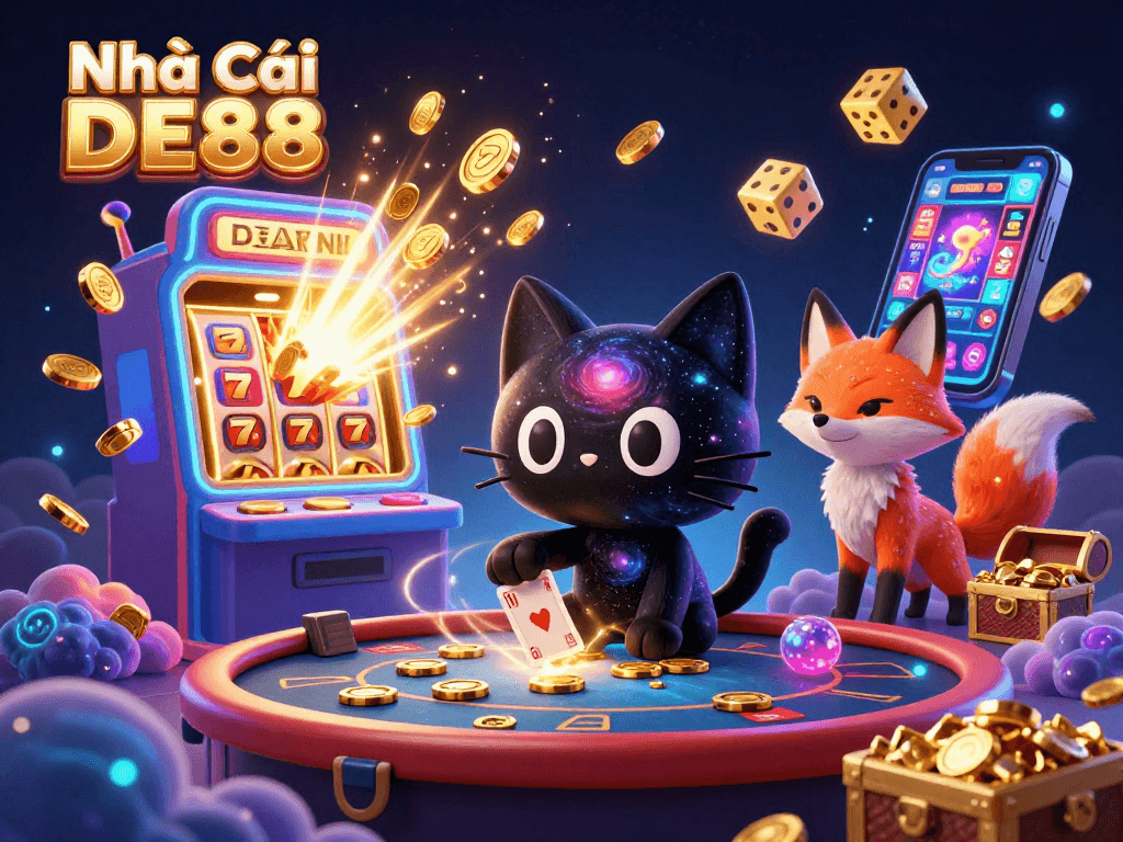Experience the thrill of Nhà Cái DE88 with a cosmic casino scene featuring vibrant characters pulling in wealth and excitement.