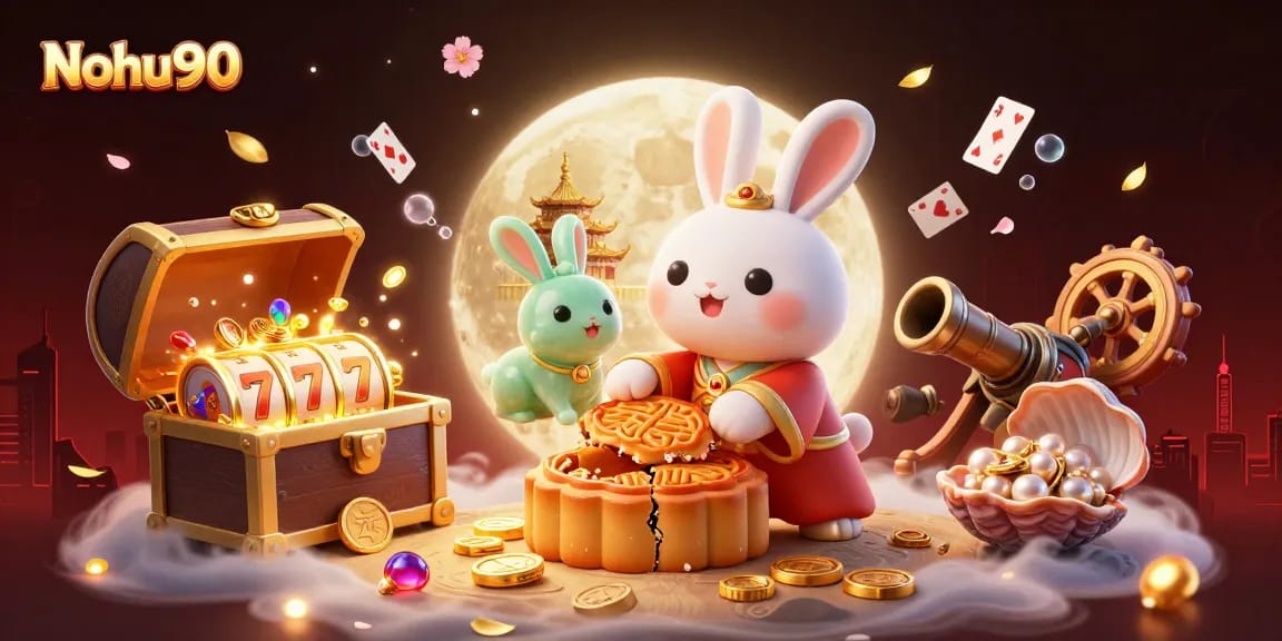 Nohu90 features an enchanting 3D illustration with a moon rabbit revealing poker chips, enhancing the gaming experience.