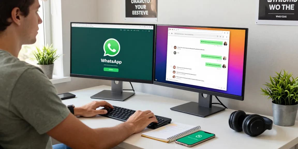 User engaging with WhatsApp電腦版 on dual monitors in a bright, modern workspace.