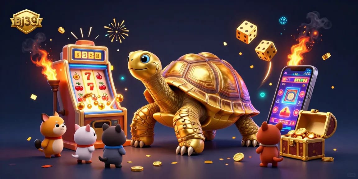 Bj38 showcases a dynamic casino scene with a golden tortoise, slot machines, and festive elements, engaging players in thrilling gaming experiences.
