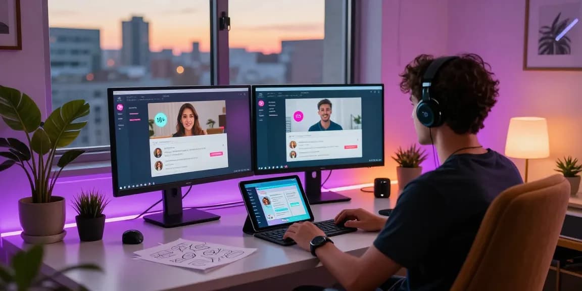 Adult engaging with 18+ AI chatbots in a vibrant digital workspace.