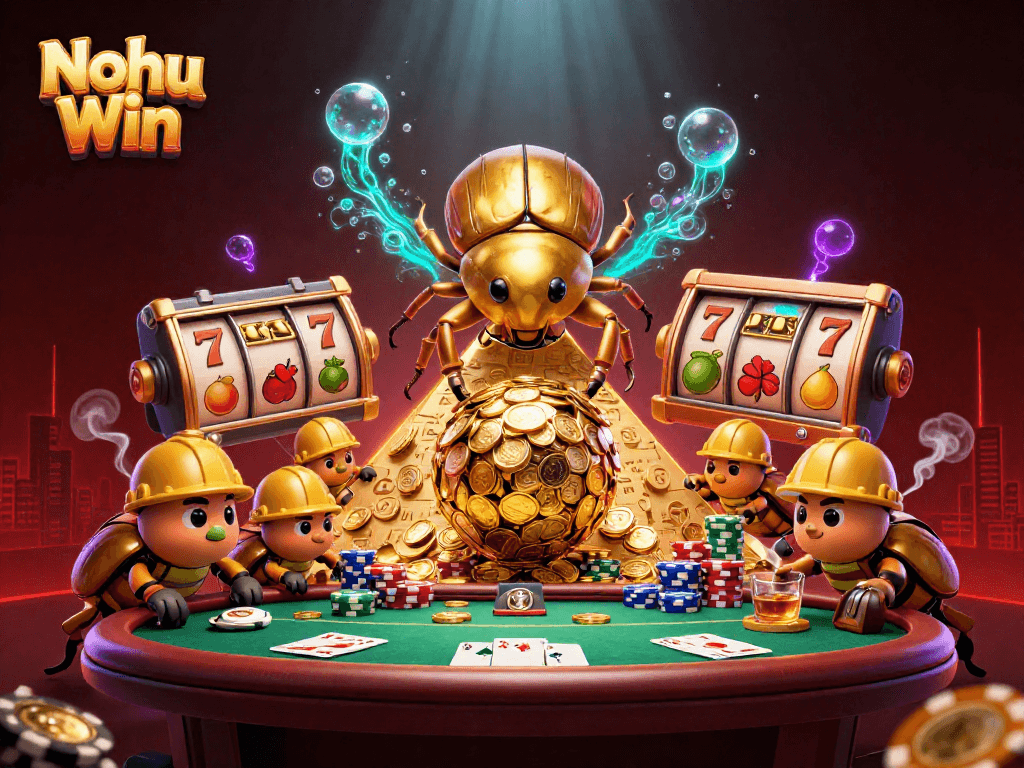 Nohu Win showcases a dynamic scene with golden beetles rolling coins and vibrant casino elements.