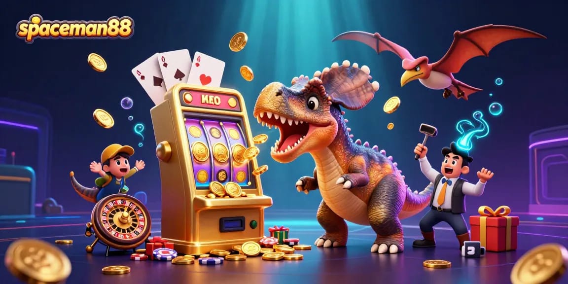 spaceman88 celebrates a jackpot win as a dinosaur headbutts a slot machine amid golden coins flying
