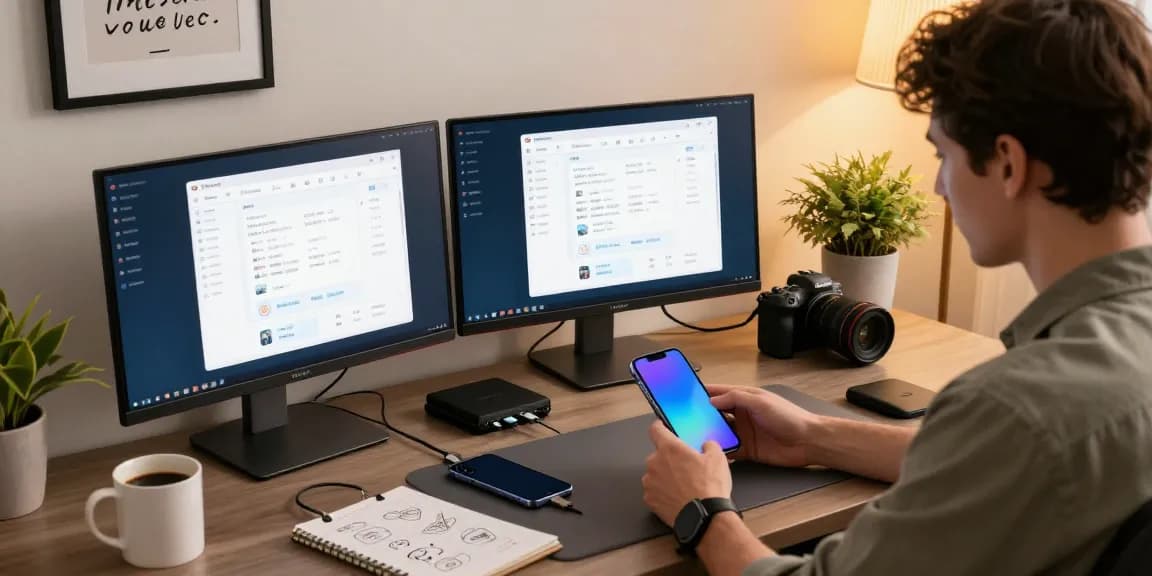 使用爱思助手软件管理iOS设备的专业技术用户在高科技工作空间中,专注的操作与多台显示器相结合。
