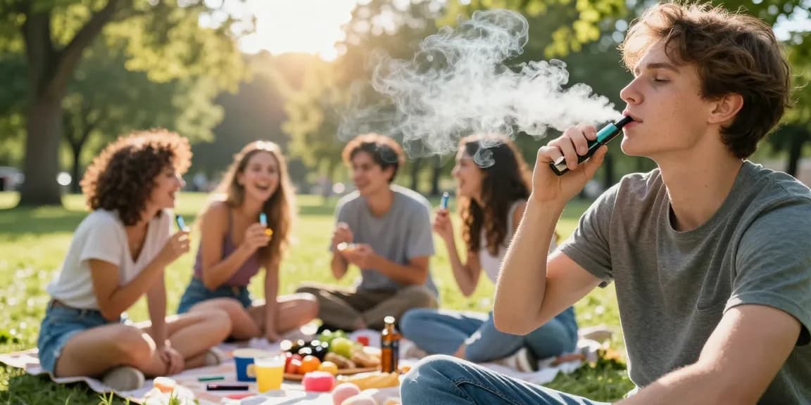 Group enjoying a sunny park day using thc pens in a relaxed atmosphere.
