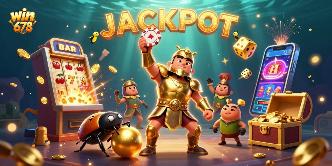 Join the adventure at win678 with exciting games and jackpots in this vibrant casino illustration!