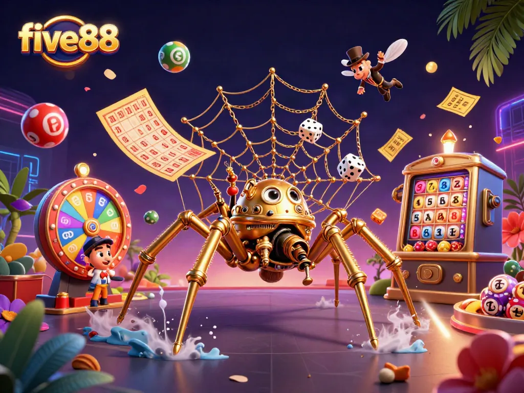 Experience five88 with a thrilling illustration featuring a steampunk spider in a dynamic gaming scene.