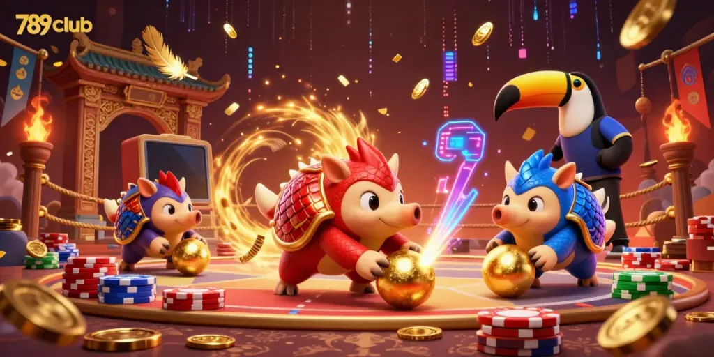 Engaging 3D scene showcasing the excitement of the 789 club as rival pangolins interact dynamically amidst vibrant gambling elements.