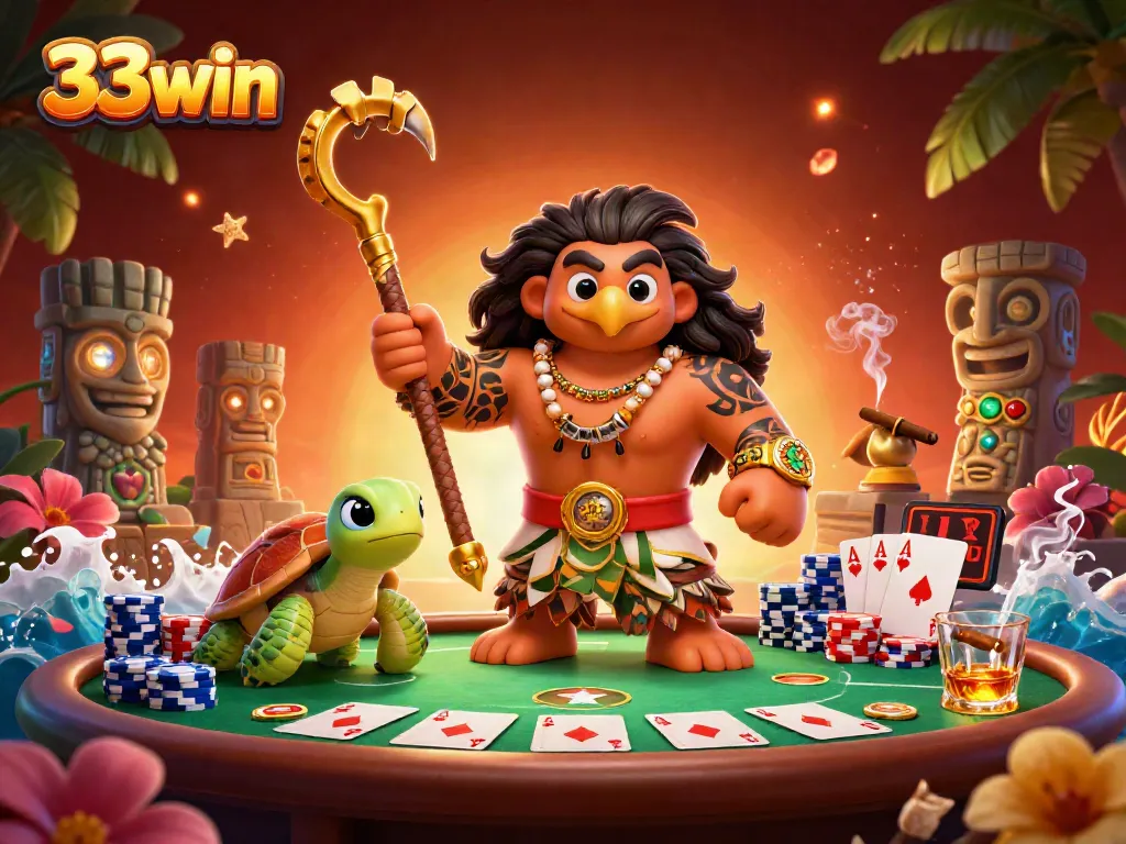 Experience an engaging gaming scene at 33win with colorful poker chips, cards, and a vibrant setting.