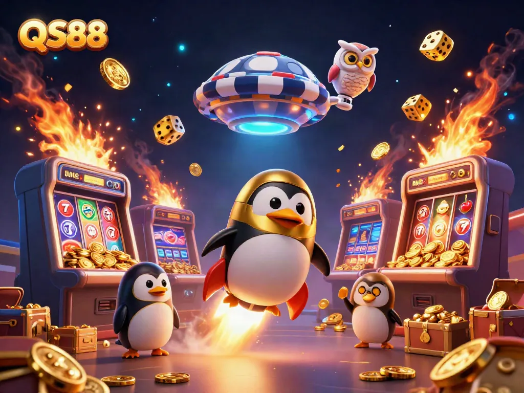 Experience the thrill of QS88 with a vibrant scene featuring a golden penguin, slot machines, and casino game elements.