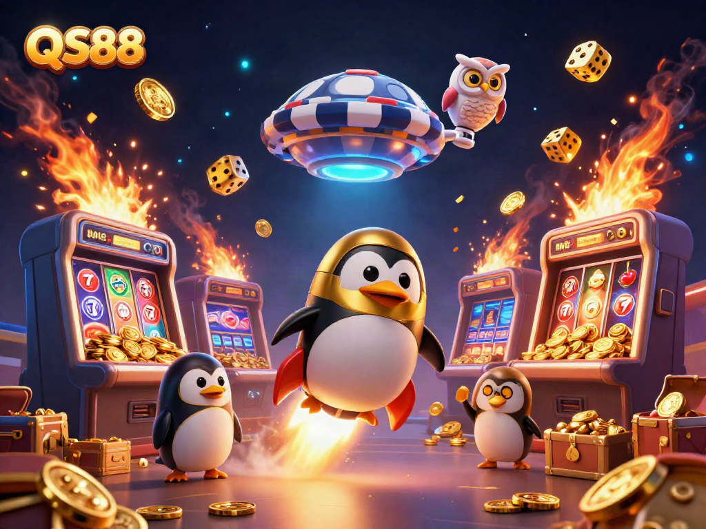 Experience the thrill of QS88 with a vibrant scene featuring a golden penguin, slot machines, and casino game elements.