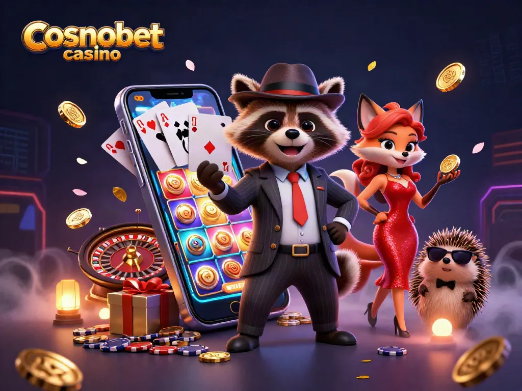 Experience thrilling action with cosmobet casino as cartoon characters enjoy gaming excitement amidst vibrant casino elements.