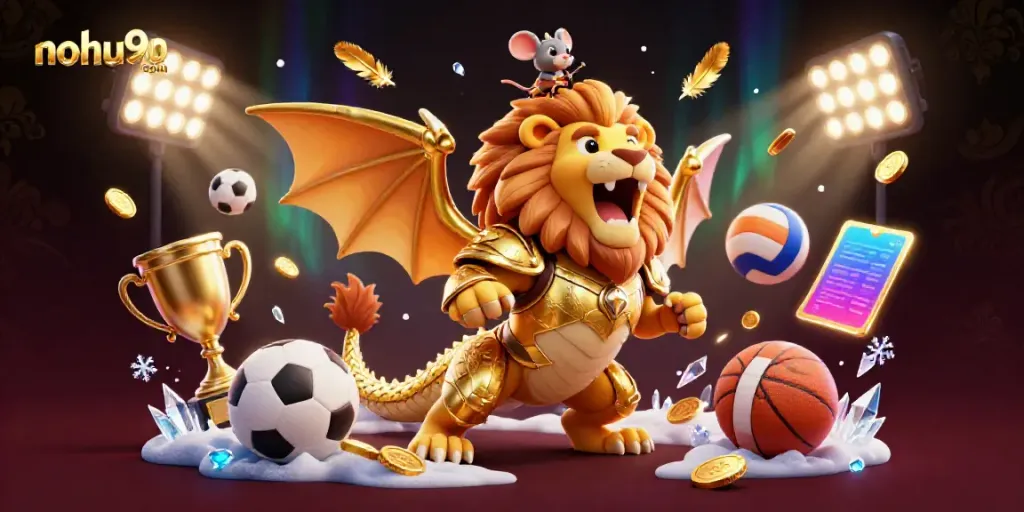 Immerse in thrilling gaming at nohu90 com with vibrant 3D chimera and sports elements in dynamic action.