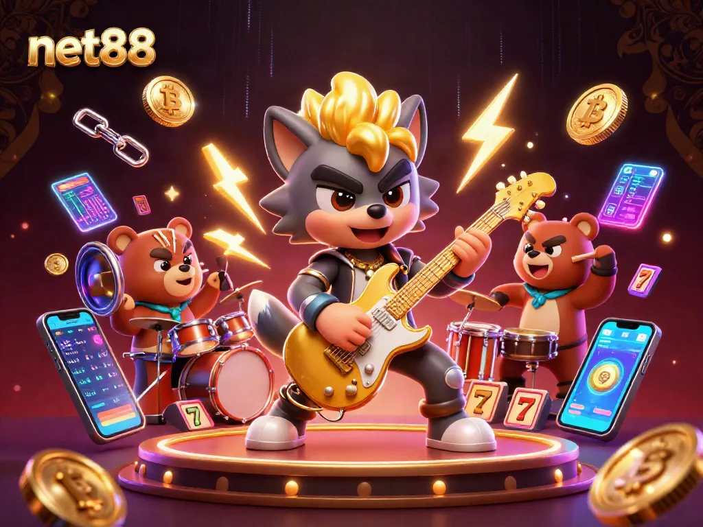 Experience electrifying fun with net88's casino action featuring vibrant slot reels and rock star characters.