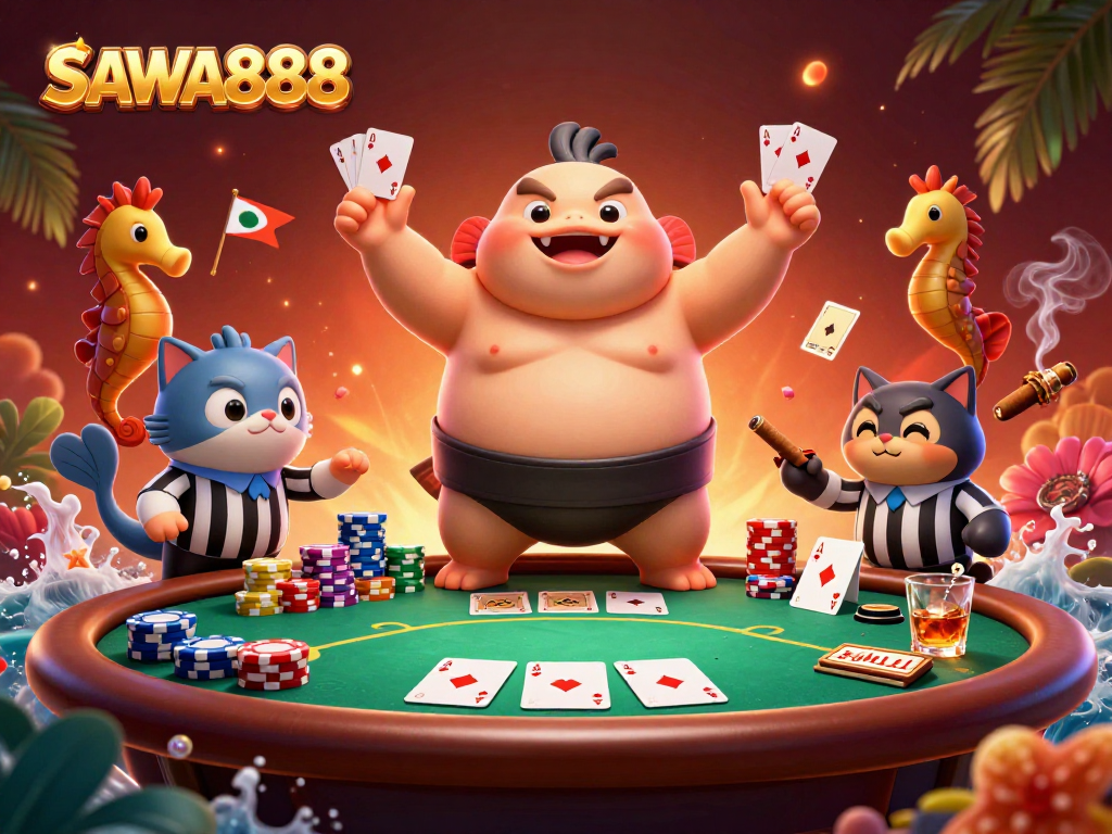 Experience the thrill of SAWA888 with colorful poker chips and dynamic characters in an exciting casino scene.