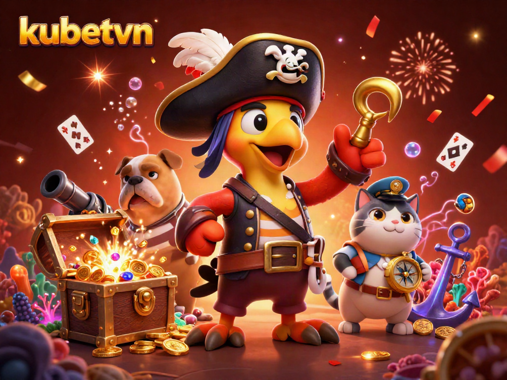 Engage with kubetvn's vibrant online casino excitement, showcasing a pirate captain and friends celebrating treasures.