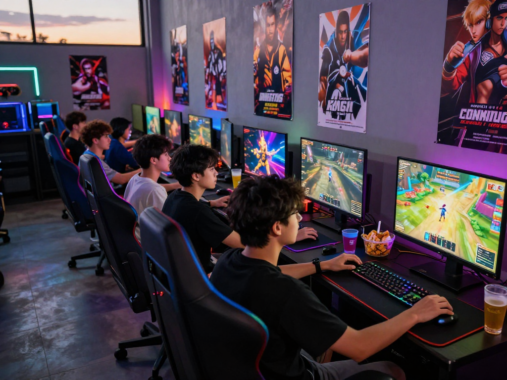 Excited gamers engaged in playing various porn games in vibrant online cafe.