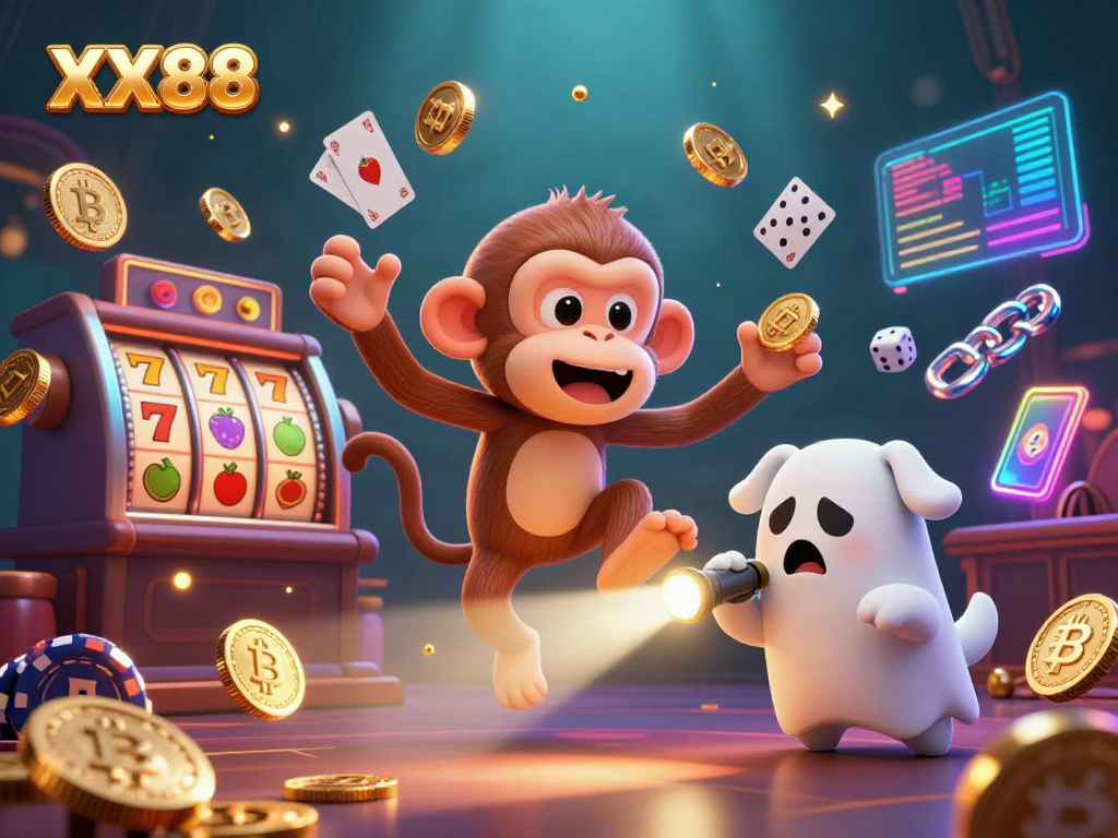 Experience the thrill of gambling with XX88's poltergeist monkey, juggling coins in a haunted casino.