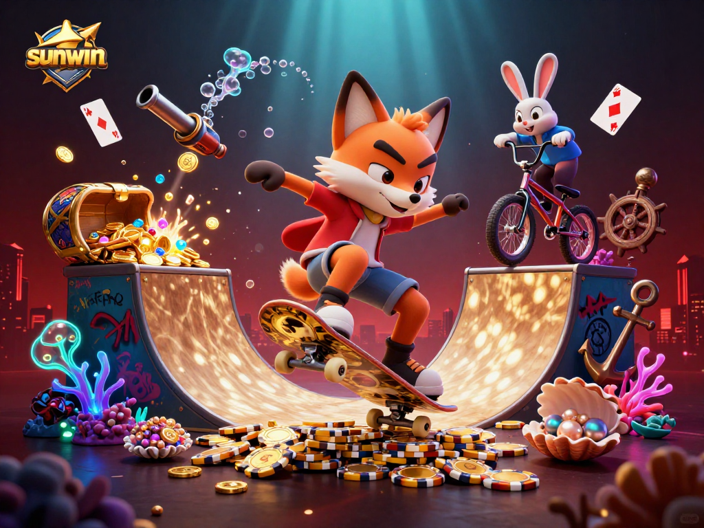 Experience sunwin with a thrilling 3D scene of a fox and rabbit in an energetic casino atmosphere.