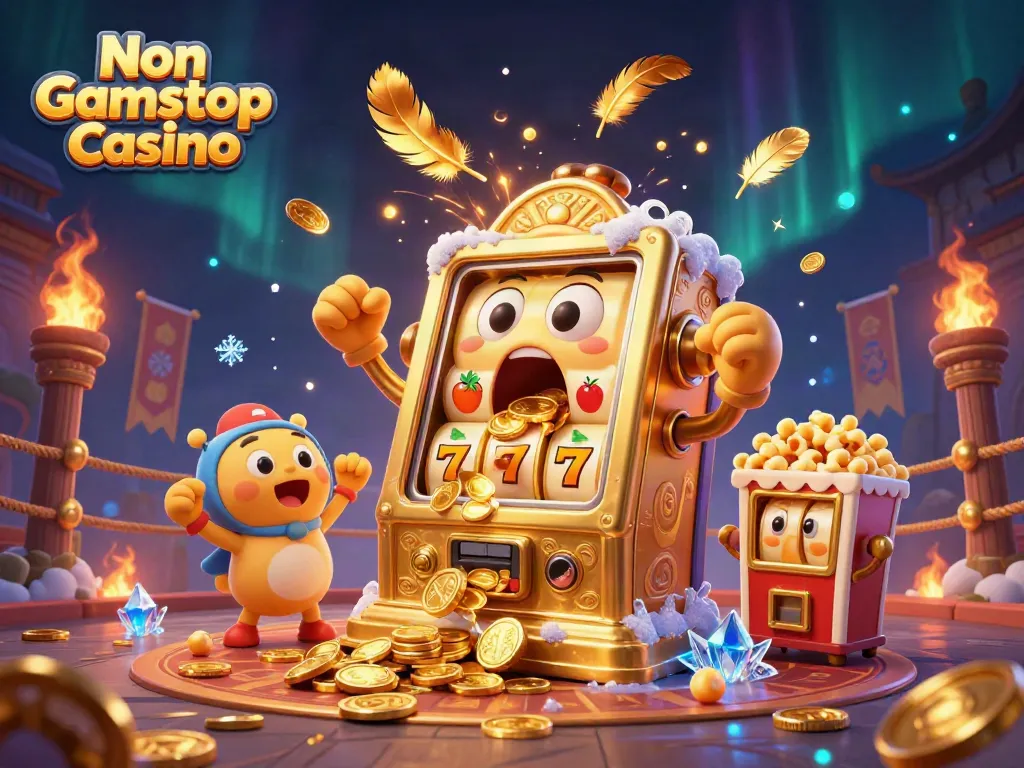 Engaging scene of a Non Gamstop Casino featuring a cheerful golden slot machine celebrating a jackpot surrounded by baby slots.