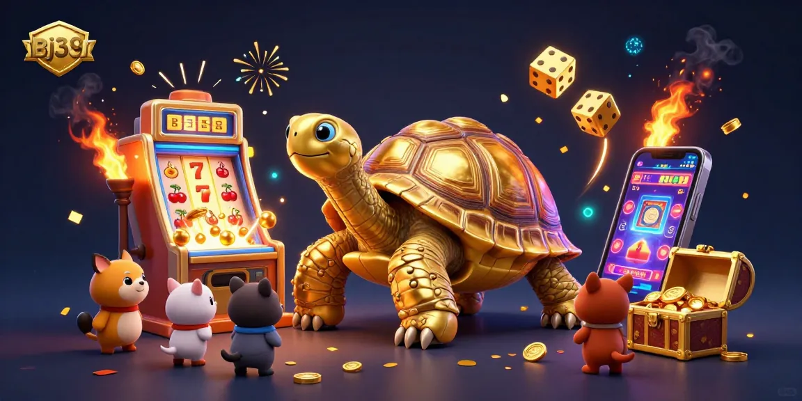Bj38 showcases a dynamic casino scene with a golden tortoise, slot machines, and festive elements, engaging players in thrilling gaming experiences.