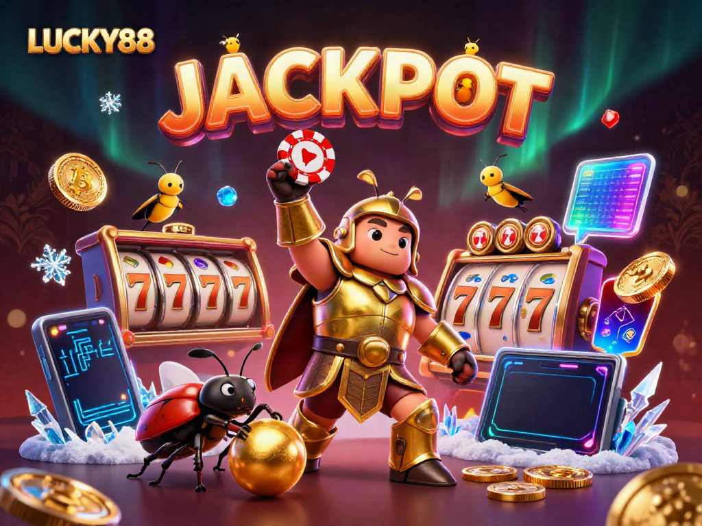 LUCKY88 showcases a victorious beetle in golden armor celebrating a big win in this animated casino scene.