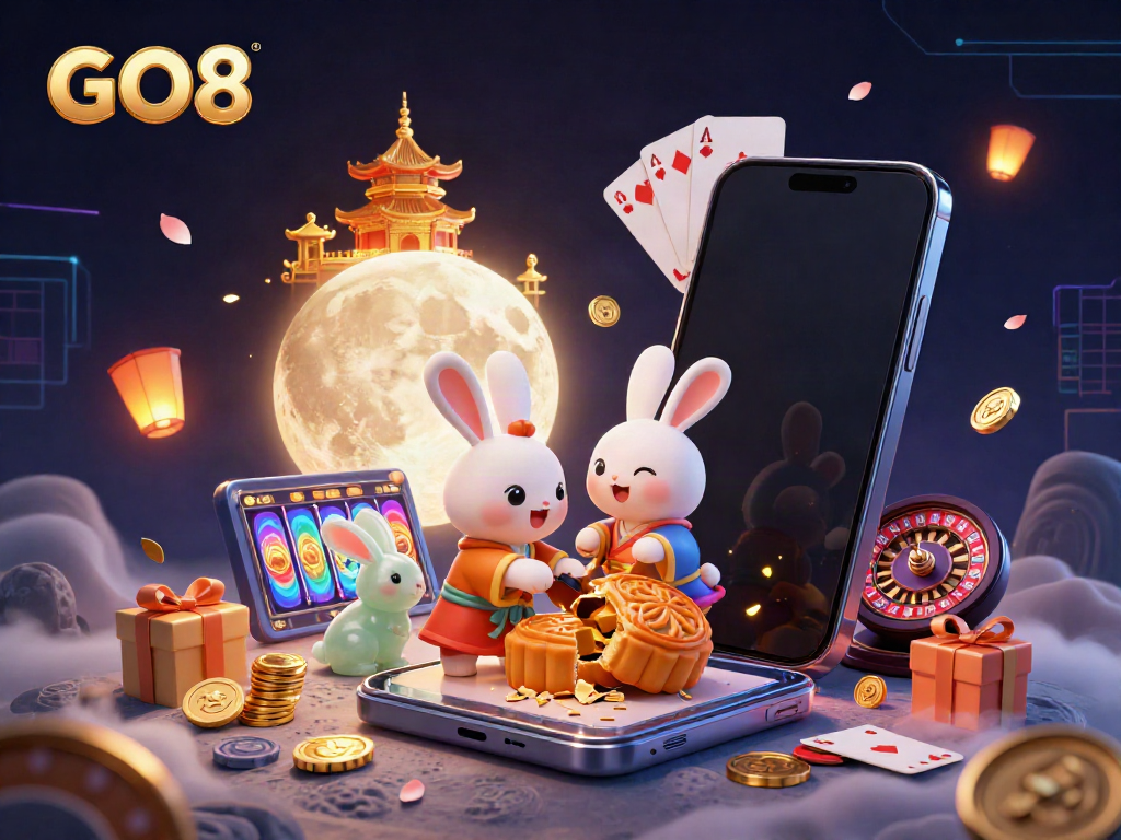 Engage in thrilling casino games at GO8, where golden poker chips and vibrant slot reels abound.