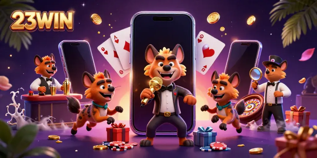 Engage with 23WIN in a vibrant 3D casino club scene featuring hyenas, comedy, and lively gambling elements.