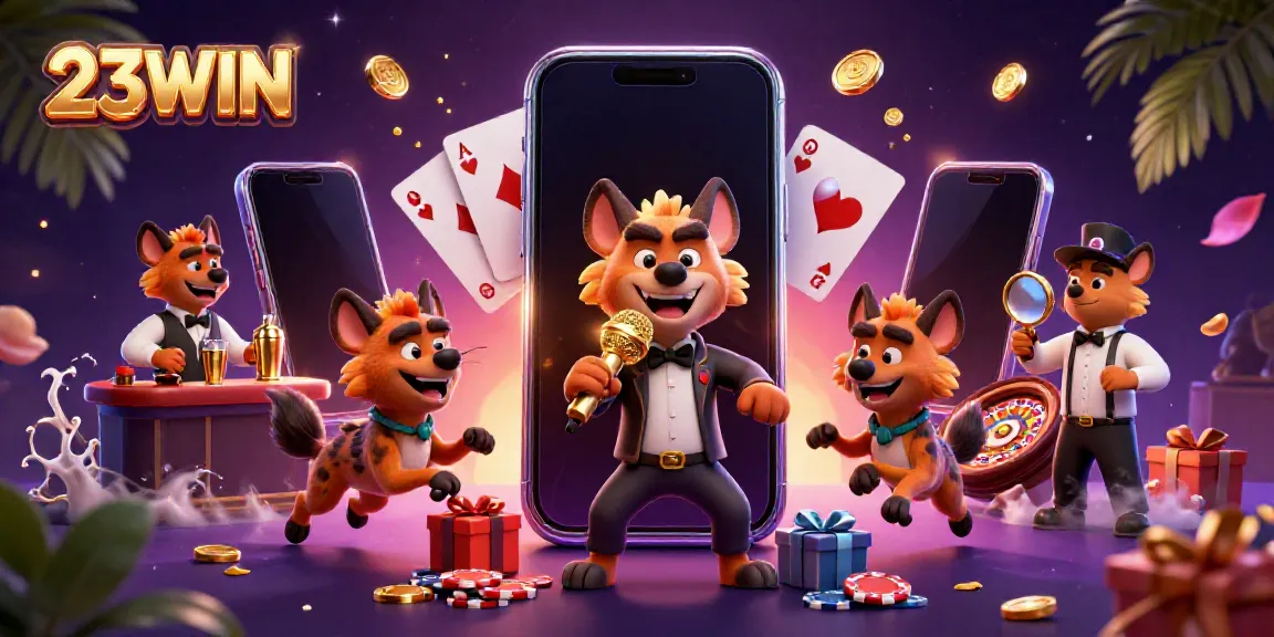 Engage with 23WIN in a vibrant 3D casino club scene featuring hyenas, comedy, and lively gambling elements.