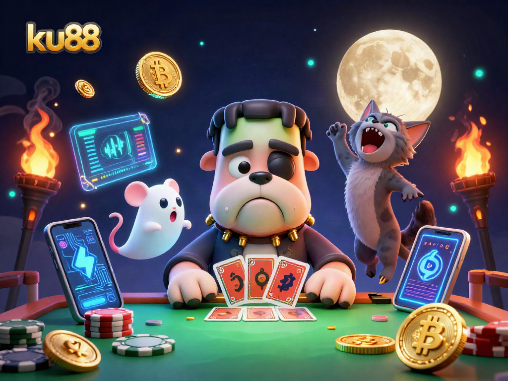 Engage with ku88 at a vibrant casino scene featuring a playful Frankenstein bulldog dealing cards.