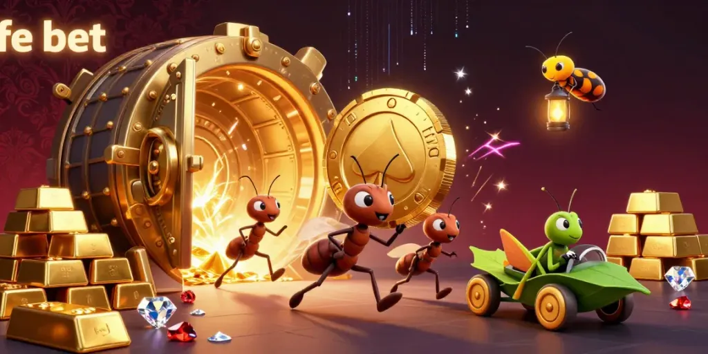 fe bet showcasing a heist with ants carrying a giant poker chip in a rich 3D casino illustration.