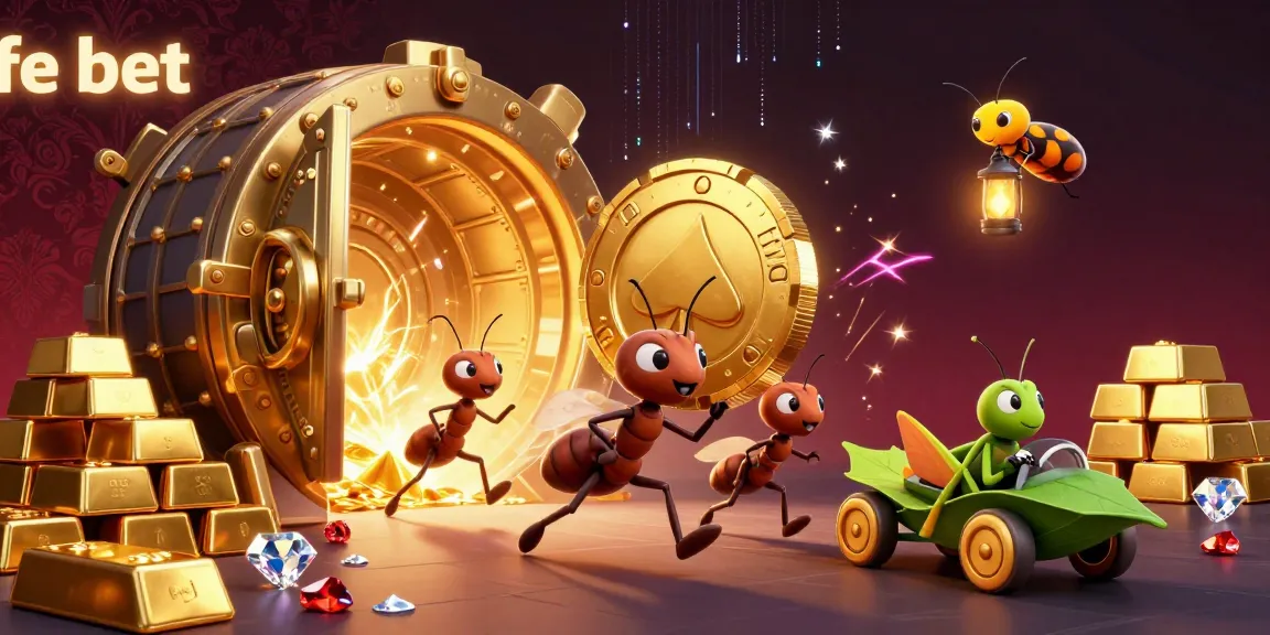 fe bet showcasing a heist with ants carrying a giant poker chip in a rich 3D casino illustration.