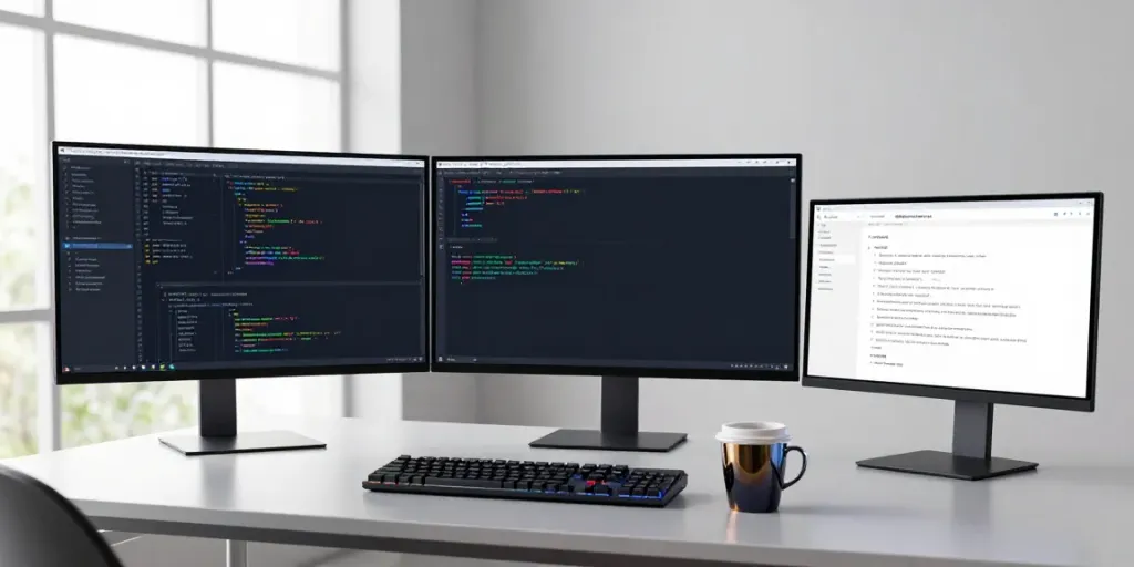 .uk domain registration visualized in a modern developer workspace featuring coding environments and high-tech tools.