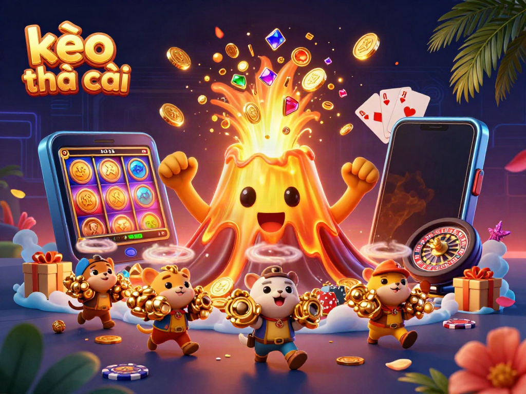 Engage with kèo nhà cái as a golden volcano erupts treasure while tiny explorers flee, showcasing a vibrant casino atmosphere.
