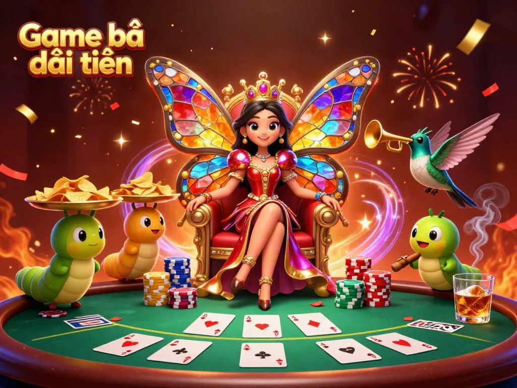 Experience the vibrant Game bài đổi thưởng with colorful characters and poker elements in a dynamic casino scene.