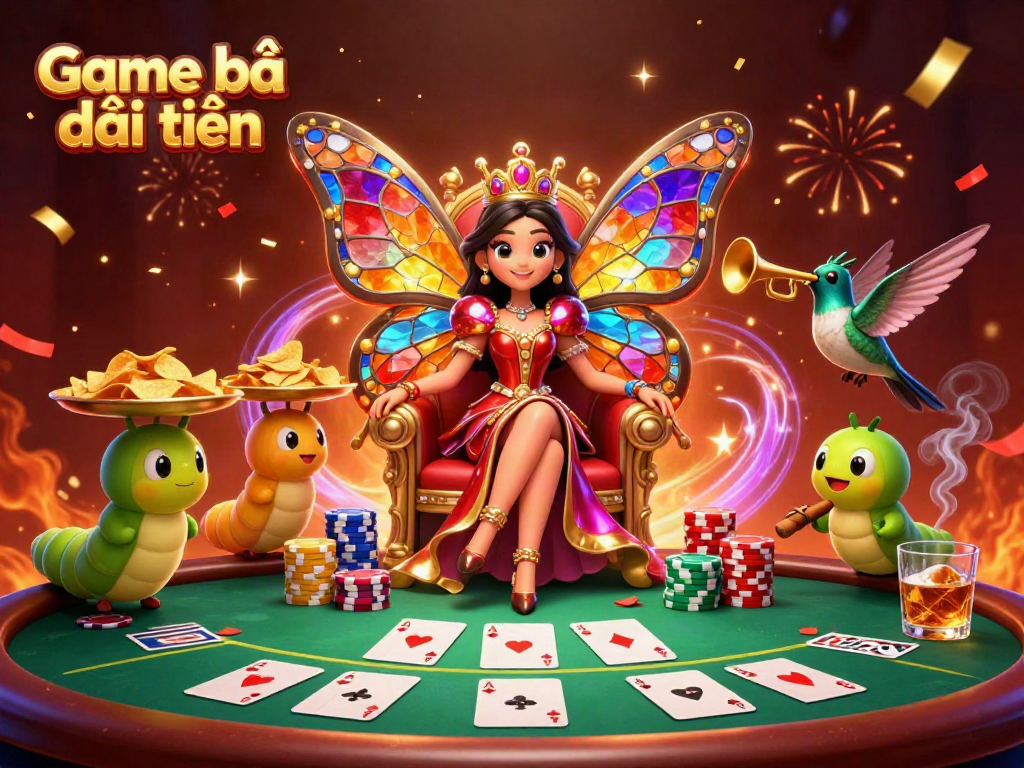 Experience the vibrant Game bài đổi thưởng with colorful characters and poker elements in a dynamic casino scene.