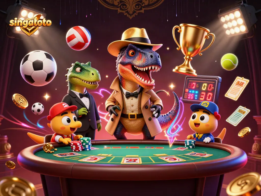 singatoto gaming scene with a velociraptor bluffed at a blackjack table surrounded by dynamic sports elements.