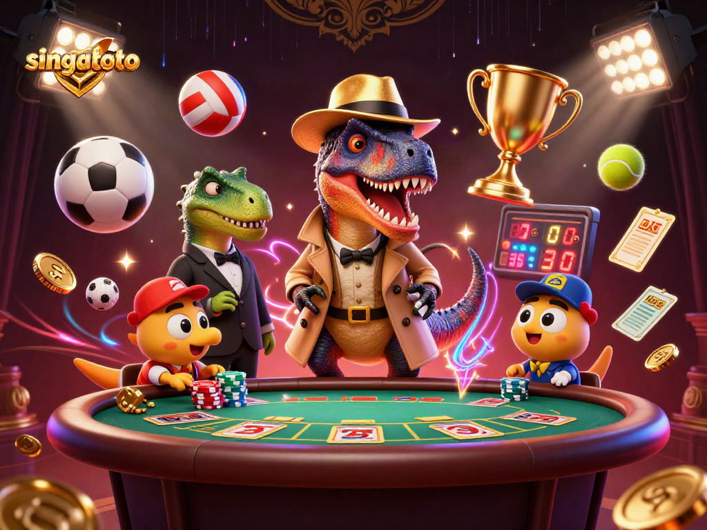 singatoto gaming scene with a velociraptor bluffed at a blackjack table surrounded by dynamic sports elements.