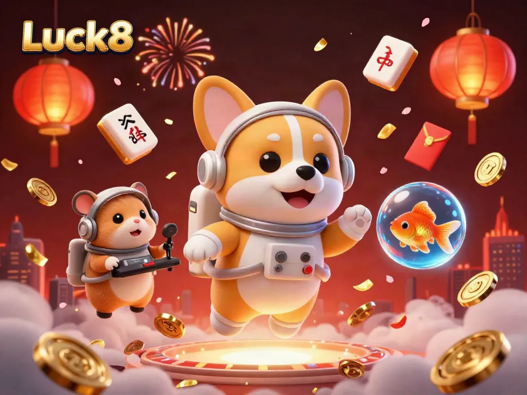 Experience thrilling gaming action at Luck8 with a lively scene featuring a playful corgi astronaut and dynamic casino elements.